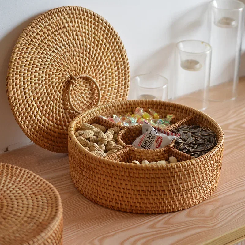 Natural Rattan Box 5 Grid Hand - Food Snacks Basket ulasan dan harga