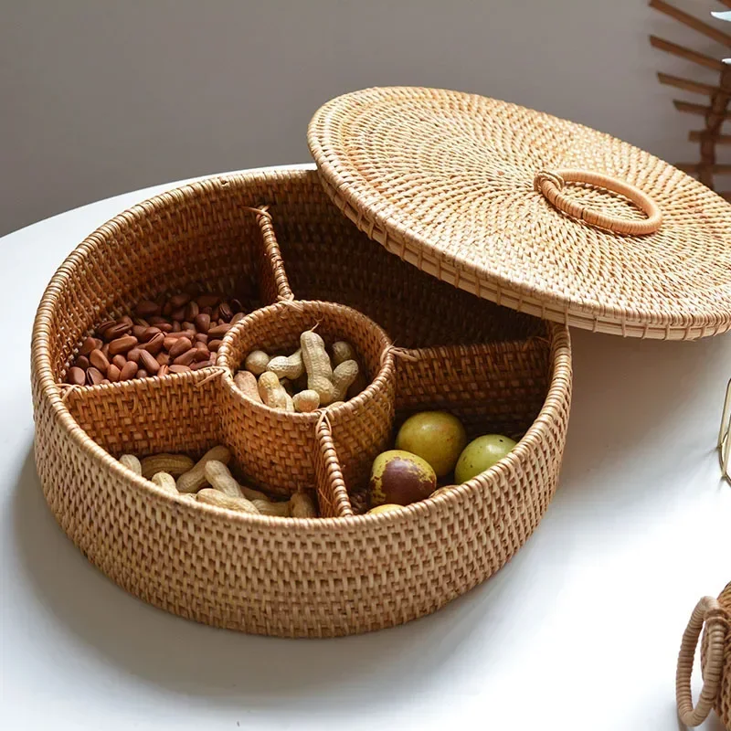 Natural Rattan Box 5 Grid Hand - Food Snacks Basket ulasan dan harga