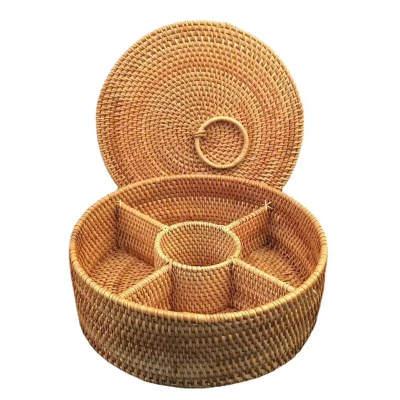 Natural Rattan Box 5 Grid Hand - Food Snacks Basket ulasan dan harga